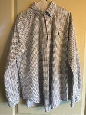 Ralph Lauren Blue and White Checked Button-Down Dress Shirt